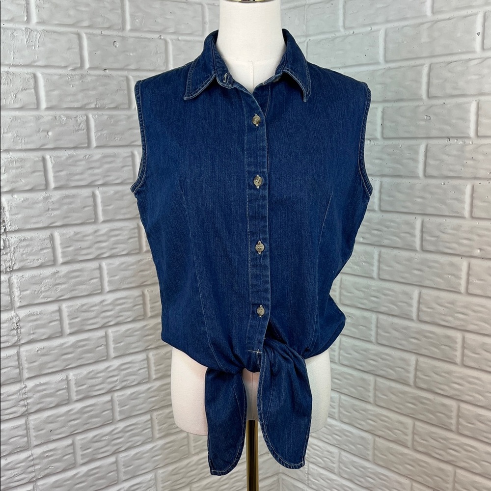 bill blass Dark Blue Sleeveless Tie-Front Denim Button-Down Shirt